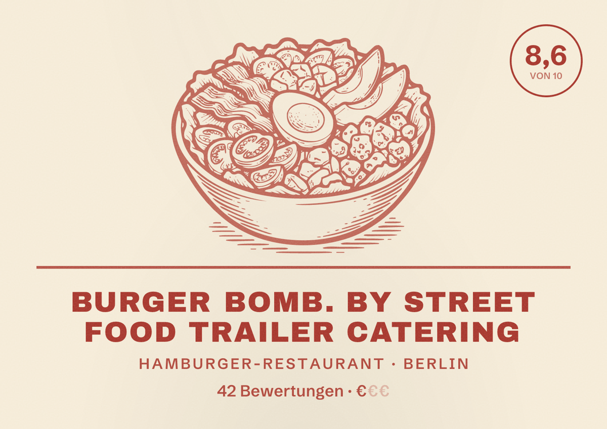 Illustriertes Poster von Burger BomB. by Street Food Trailer Catering, Hamburger-Restaurant in Berlin: Bewertung 8,6 von 10 aus 42 Bewertungen, Preisniveau €