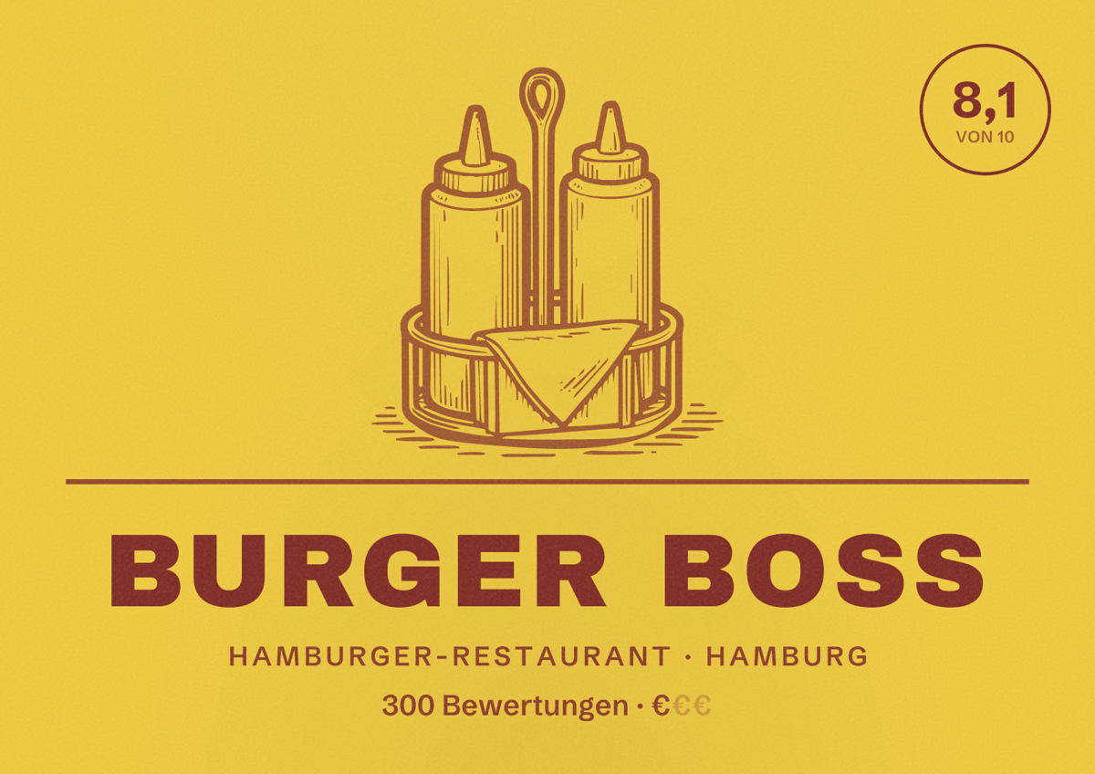 Illustriertes Poster von Burger Boss, Hamburger-Restaurant in Hamburg: Bewertung 8,1 von 10 aus 300 Bewertungen, Preisniveau €