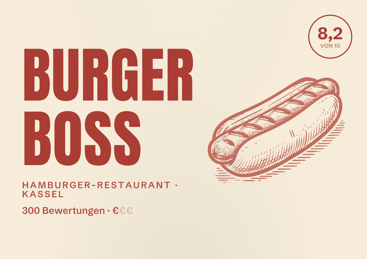 Illustriertes Poster von Burger Boss, Hamburger-Restaurant in Kassel: Bewertung 8,2 von 10 aus 300 Bewertungen, Preisniveau €