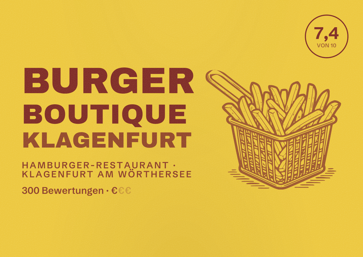 Illustriertes Poster von Burger Boutique Klagenfurt, Hamburger-Restaurant in Klagenfurt am Wörthersee: Bewertung 7,4 von 10 aus 300 Bewertungen, Preisniveau €