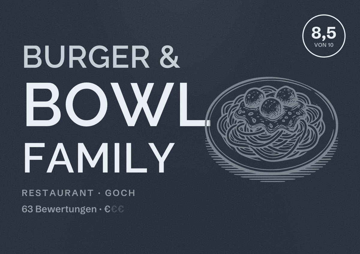 Illustriertes Poster von Burger & Bowl Family, Restaurant in Goch: Bewertung 8,5 von 10 aus 63 Bewertungen, Preisniveau €