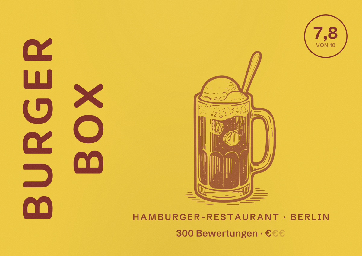 Illustriertes Poster von Burger Box, Hamburger-Restaurant in Berlin: Bewertung 7,8 von 10 aus 300 Bewertungen, Preisniveau €