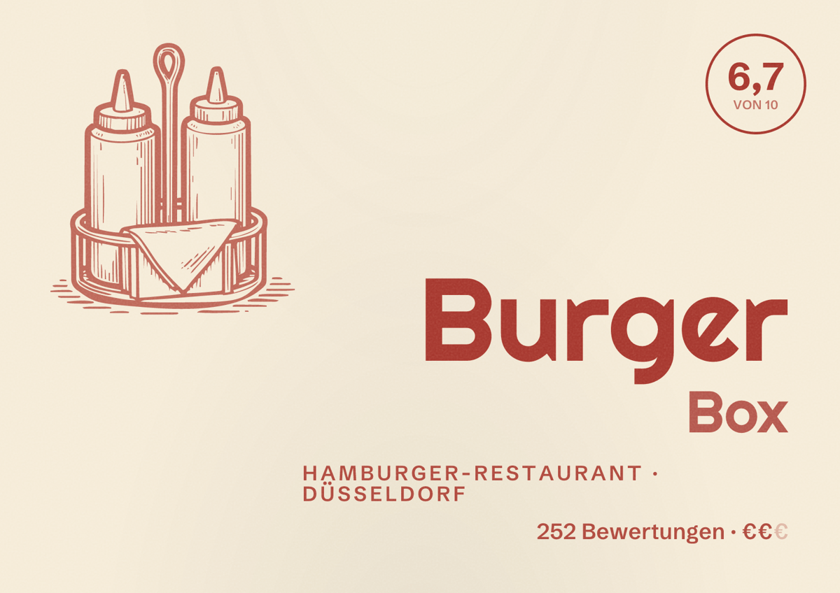 Illustriertes Poster von Burger Box, Hamburger-Restaurant in Düsseldorf: Bewertung 6,7 von 10 aus 252 Bewertungen, Preisniveau €€