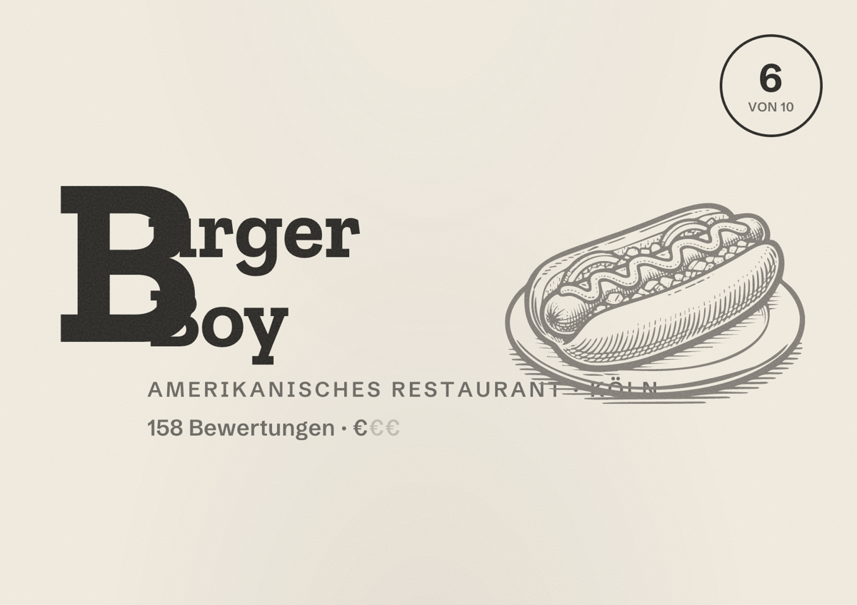 Illustriertes Poster von Burger Boy, Amerikanisches Restaurant in Köln: Bewertung 6 von 10 aus 158 Bewertungen, Preisniveau €
