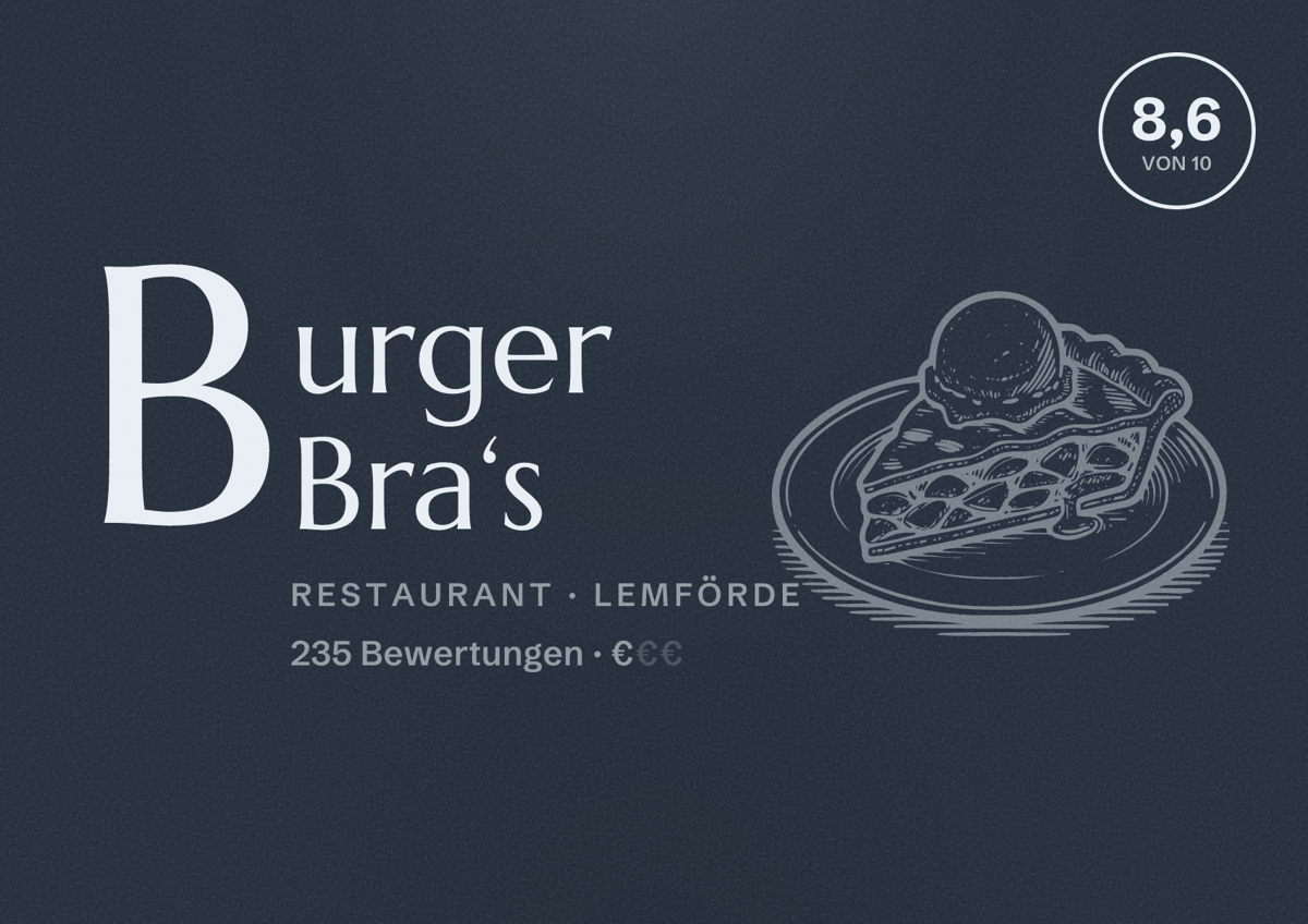 Illustriertes Poster von Burger Bra‘s, Restaurant in Lemförde: Bewertung 8,6 von 10 aus 235 Bewertungen, Preisniveau €