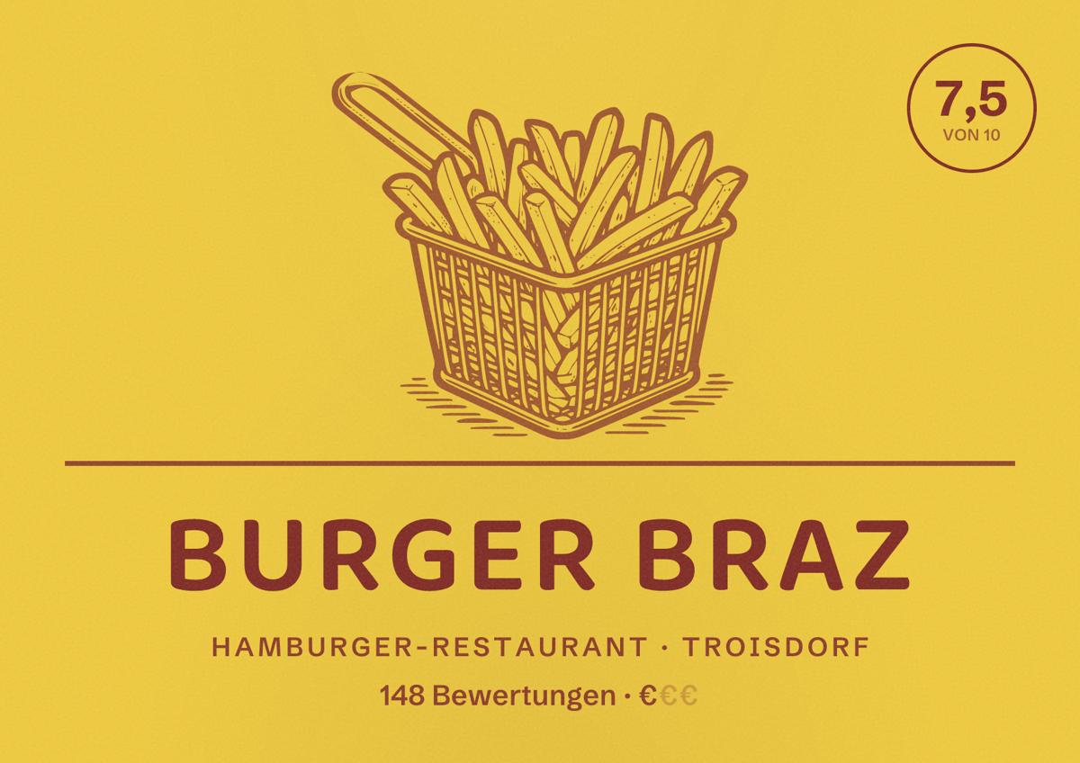 Illustriertes Poster von Burger Braz, Hamburger-Restaurant in Troisdorf: Bewertung 7,5 von 10 aus 148 Bewertungen, Preisniveau €