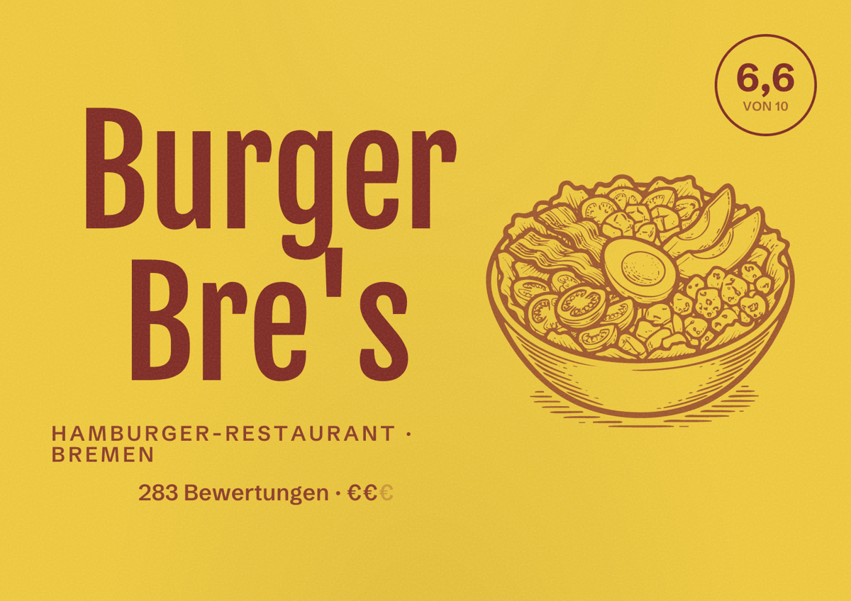 Illustriertes Poster von Burger Bre's, Hamburger-Restaurant in Bremen: Bewertung 6,6 von 10 aus 283 Bewertungen, Preisniveau €€