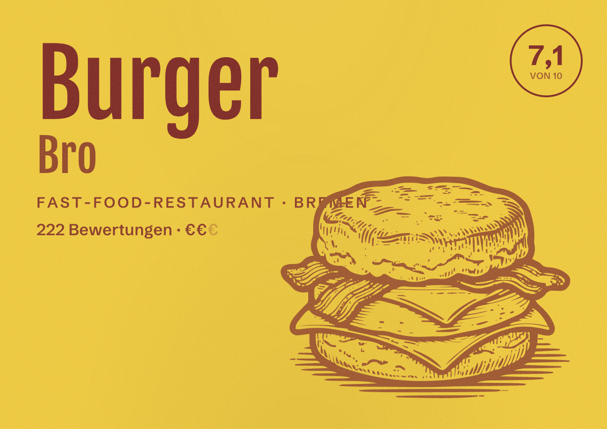 Illustriertes Poster von Burger Bro, Fast-Food-Restaurant in Bremen: Bewertung 7,1 von 10 aus 222 Bewertungen, Preisniveau €€