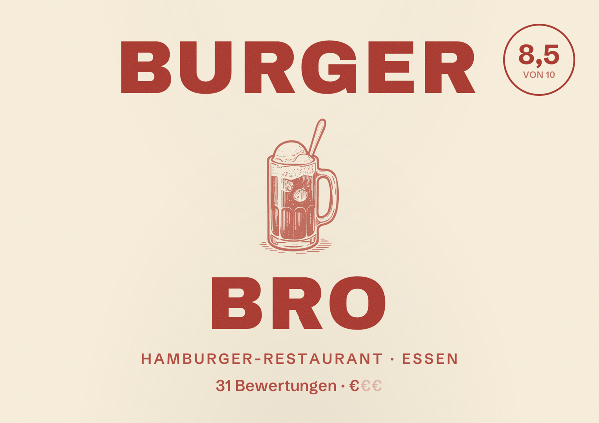 Illustriertes Poster von Burger Bro, Hamburger-Restaurant in Essen: Bewertung 8,5 von 10 aus 31 Bewertungen, Preisniveau €