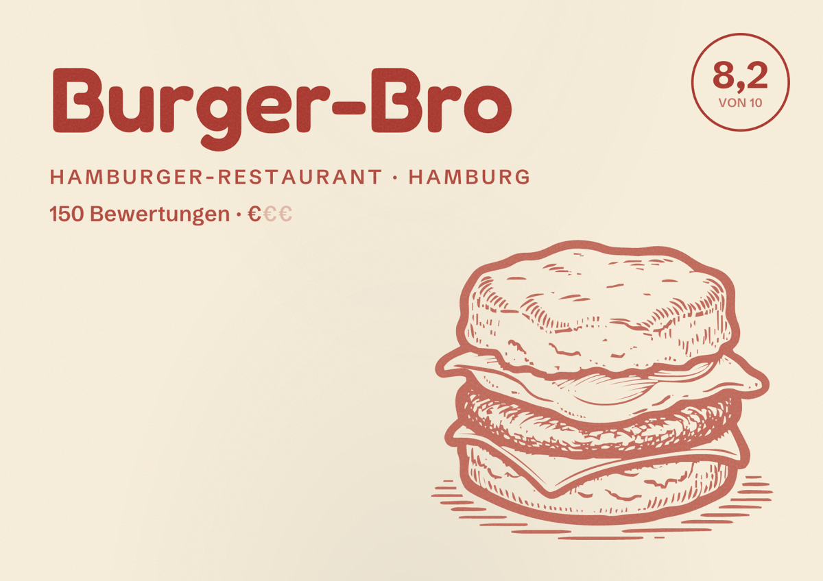 Illustriertes Poster von Burger-Bro, Hamburger-Restaurant in Hamburg: Bewertung 8,2 von 10 aus 150 Bewertungen, Preisniveau €