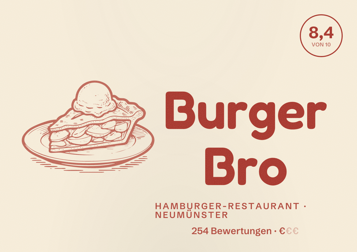 Illustriertes Poster von Burger Bro, Hamburger-Restaurant in Neumünster: Bewertung 8,4 von 10 aus 254 Bewertungen, Preisniveau €
