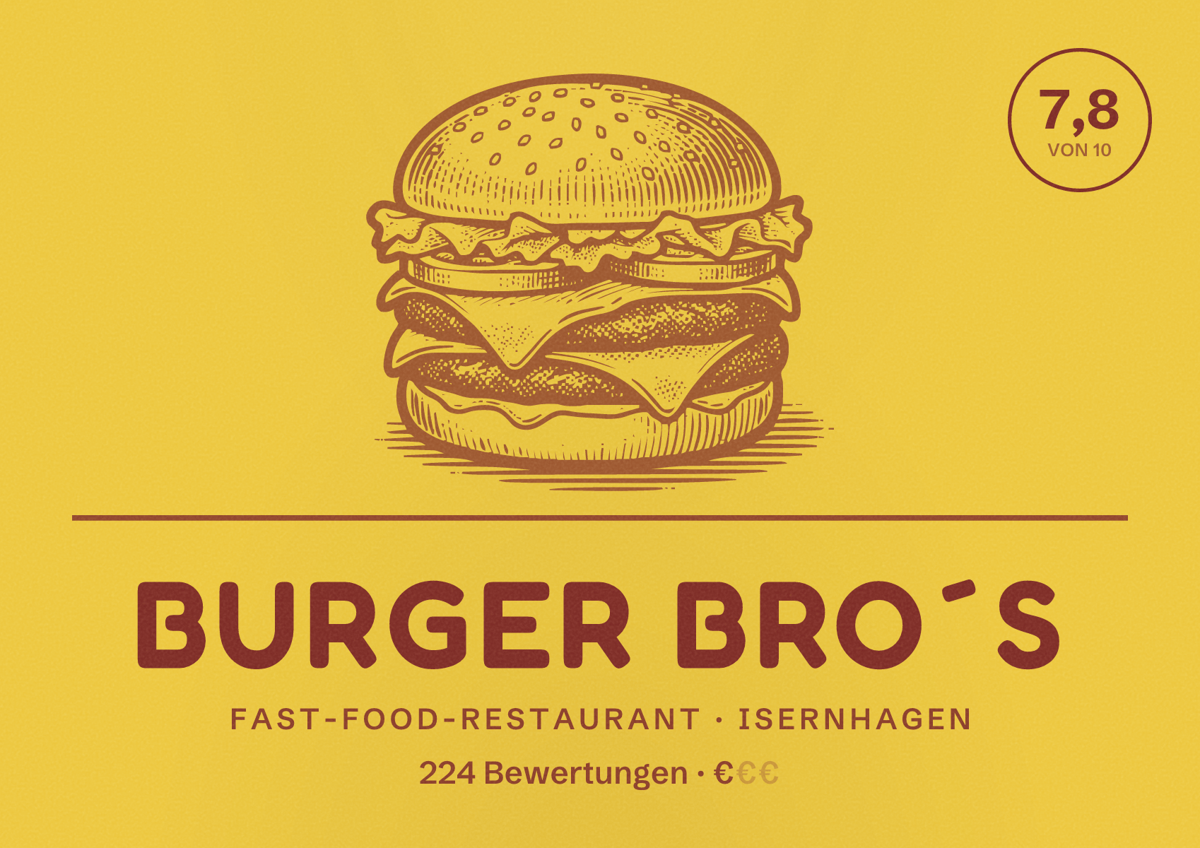 Illustriertes Poster von Burger Bro´s, Fast-Food-Restaurant in Isernhagen: Bewertung 7,8 von 10 aus 224 Bewertungen, Preisniveau €