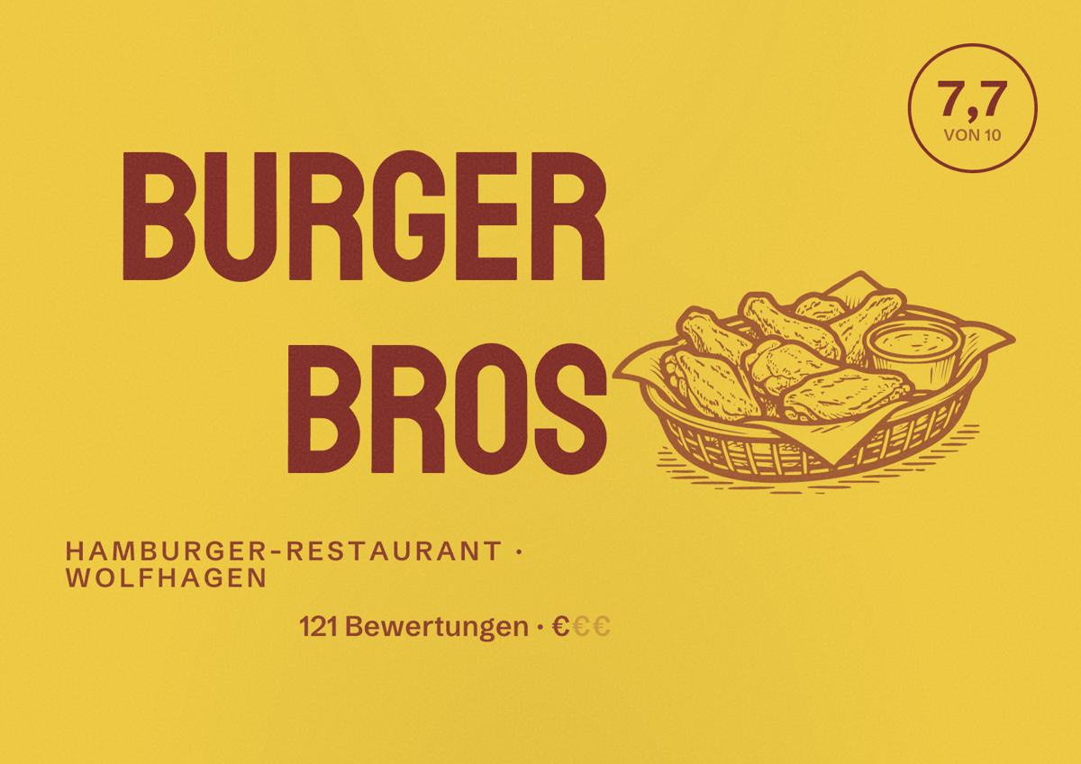 Illustriertes Poster von Burger Bros, Hamburger-Restaurant in Wolfhagen: Bewertung 7,7 von 10 aus 121 Bewertungen, Preisniveau €