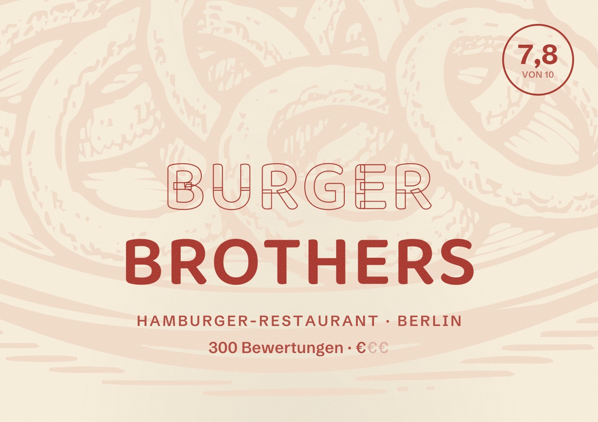 Illustriertes Poster von Burger Brothers, Hamburger-Restaurant in Berlin: Bewertung 7,8 von 10 aus 300 Bewertungen, Preisniveau €