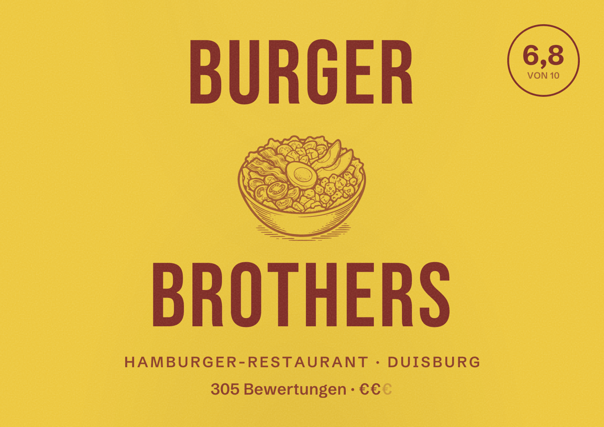 Illustriertes Poster von Burger Brothers, Hamburger-Restaurant in Duisburg: Bewertung 6,8 von 10 aus 305 Bewertungen, Preisniveau €€