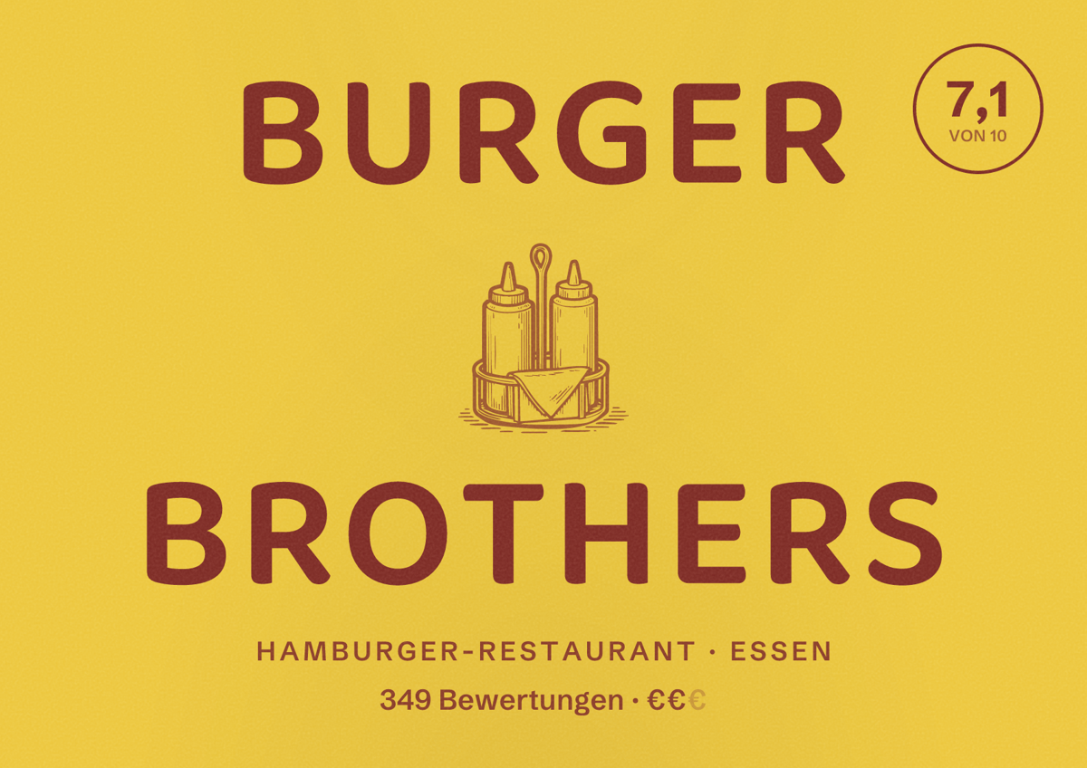 Illustriertes Poster von Burger Brothers, Hamburger-Restaurant in Essen: Bewertung 7,1 von 10 aus 349 Bewertungen, Preisniveau €€