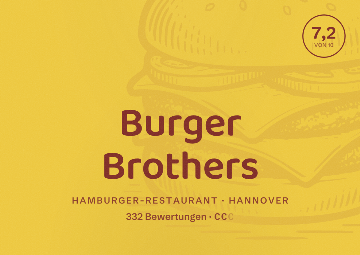 Illustriertes Poster von Burger Brothers, Hamburger-Restaurant in Hannover: Bewertung 7,2 von 10 aus 332 Bewertungen, Preisniveau €€