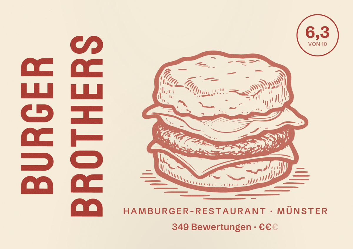 Illustriertes Poster von Burger Brothers, Hamburger-Restaurant in Münster: Bewertung 6,3 von 10 aus 349 Bewertungen, Preisniveau €€