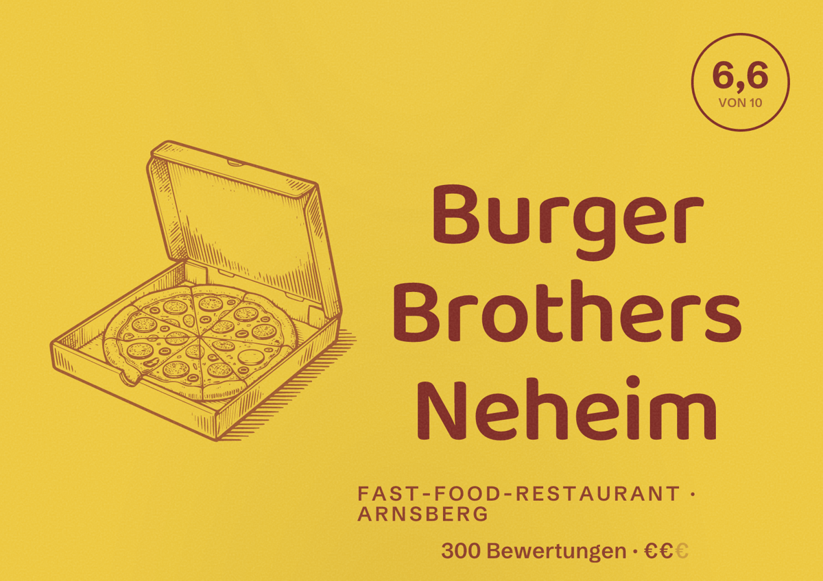 Illustriertes Poster von Burger Brothers Neheim, Fast-Food-Restaurant in Arnsberg: Bewertung 6,6 von 10 aus 300 Bewertungen, Preisniveau €