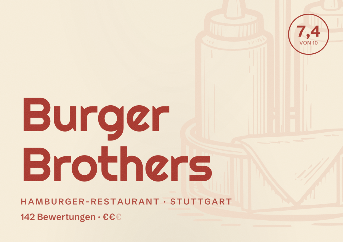 Illustriertes Poster von Burger Brothers, Hamburger-Restaurant in Stuttgart: Bewertung 7,4 von 10 aus 142 Bewertungen, Preisniveau €€