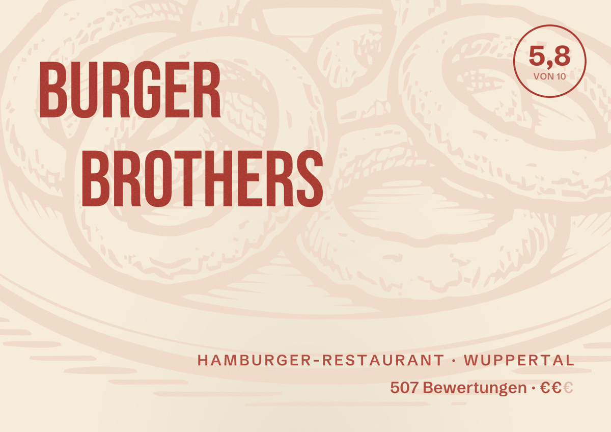 Illustriertes Poster von Burger Brothers, Hamburger-Restaurant in Wuppertal: Bewertung 5,8 von 10 aus 507 Bewertungen, Preisniveau €€