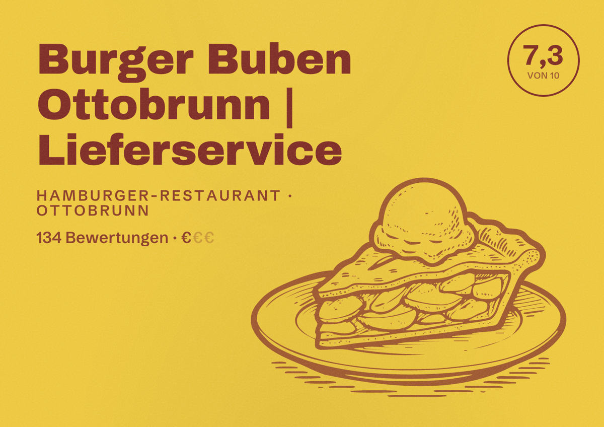 Illustriertes Poster von Burger Buben Ottobrunn | Lieferservice, Hamburger-Restaurant in Ottobrunn: Bewertung 7,3 von 10 aus 134 Bewertungen, Preisniveau €