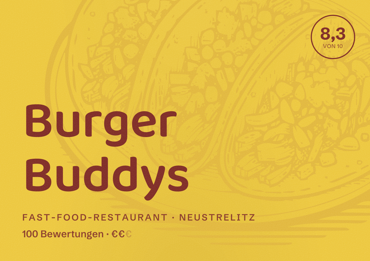 Illustriertes Poster von Burger Buddys, Fast-Food-Restaurant in Neustrelitz: Bewertung 8,3 von 10 aus 100 Bewertungen, Preisniveau €€