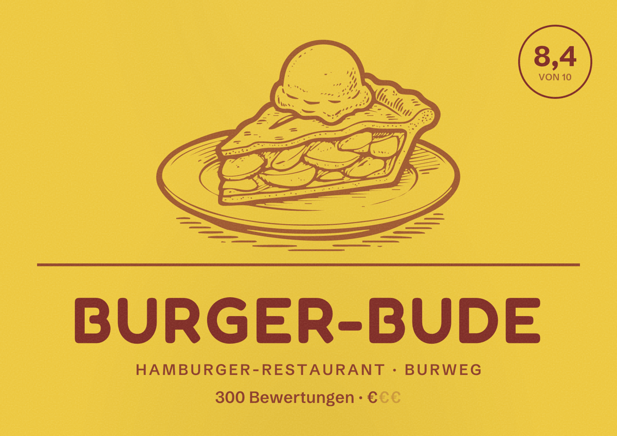 Illustriertes Poster von Burger-Bude, Hamburger-Restaurant in Burweg: Bewertung 8,4 von 10 aus 300 Bewertungen, Preisniveau €