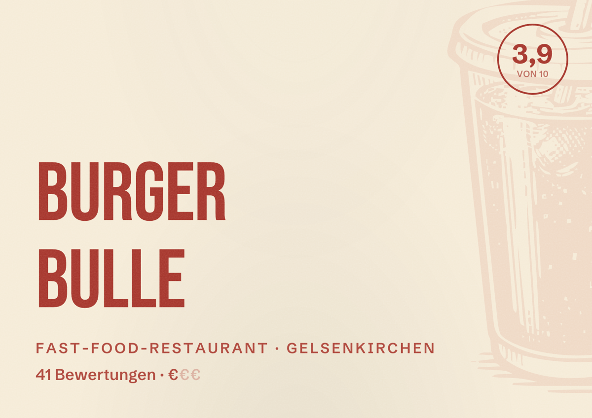 Illustriertes Poster von Burger Bulle, Fast-Food-Restaurant in Gelsenkirchen: Bewertung 3,9 von 10 aus 41 Bewertungen, Preisniveau €
