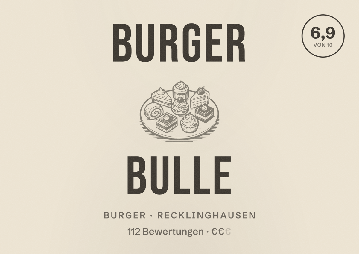 Illustriertes Poster von Burger Bulle, Burger in Recklinghausen: Bewertung 6,9 von 10 aus 112 Bewertungen, Preisniveau €€
