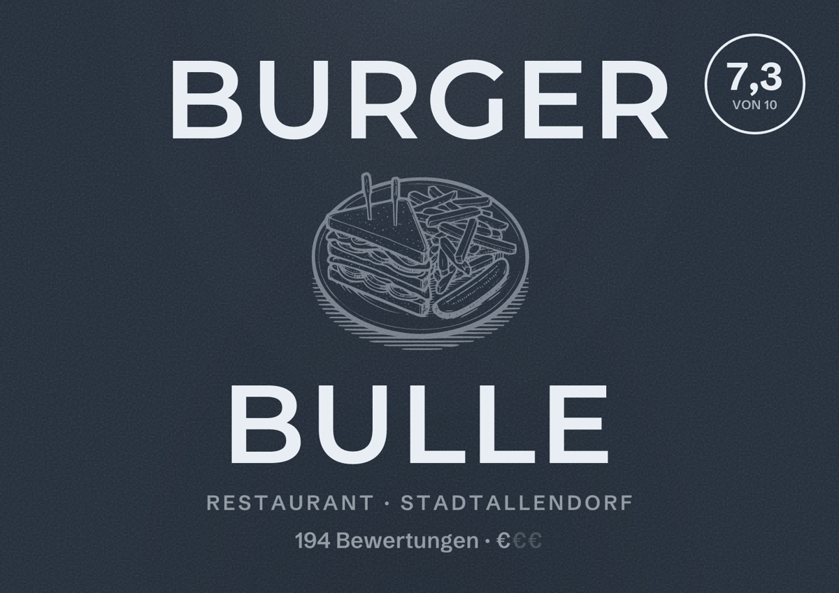 Illustriertes Poster von Burger Bulle, Restaurant in Stadtallendorf: Bewertung 7,3 von 10 aus 194 Bewertungen, Preisniveau €