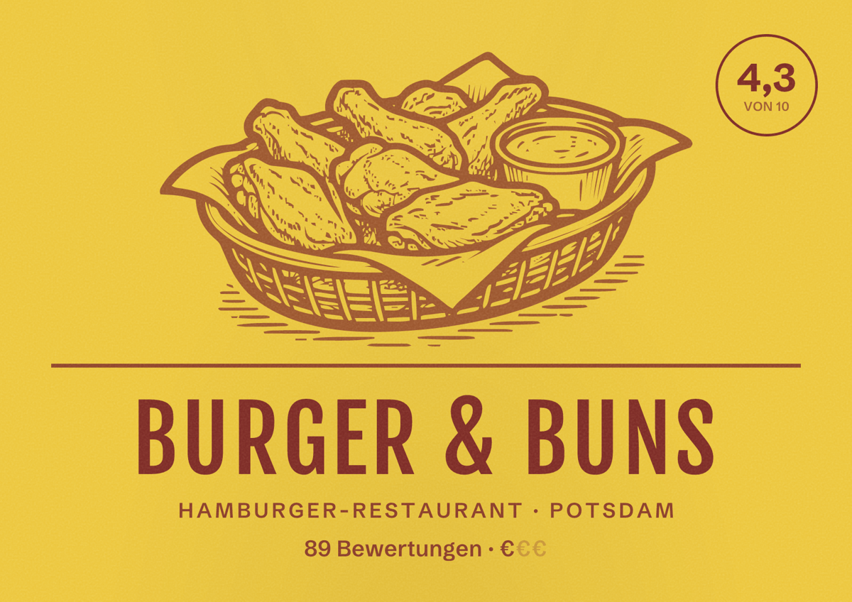 Illustriertes Poster von Burger & Buns, Hamburger-Restaurant in Potsdam: Bewertung 4,3 von 10 aus 89 Bewertungen, Preisniveau €