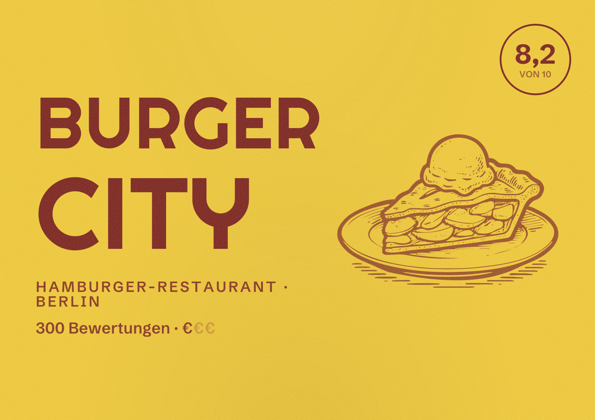 Illustriertes Poster von Burger City, Hamburger-Restaurant in Berlin: Bewertung 8,2 von 10 aus 300 Bewertungen, Preisniveau €