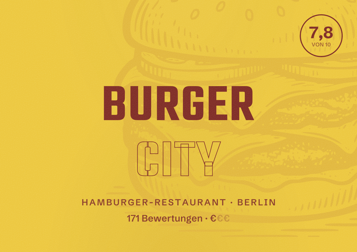 Illustriertes Poster von Burger City, Hamburger-Restaurant in Berlin: Bewertung 7,8 von 10 aus 171 Bewertungen, Preisniveau €