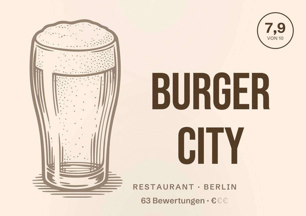 Illustriertes Poster von Burger City, Restaurant in Berlin: Bewertung 7,9 von 10 aus 63 Bewertungen, Preisniveau €