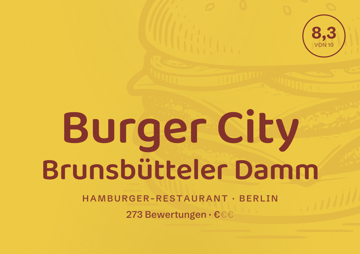 Illustriertes Poster von Burger City Brunsbütteler Damm, Hamburger-Restaurant in Berlin: Bewertung 8,3 von 10 aus 273 Bewertungen, Preisniveau €