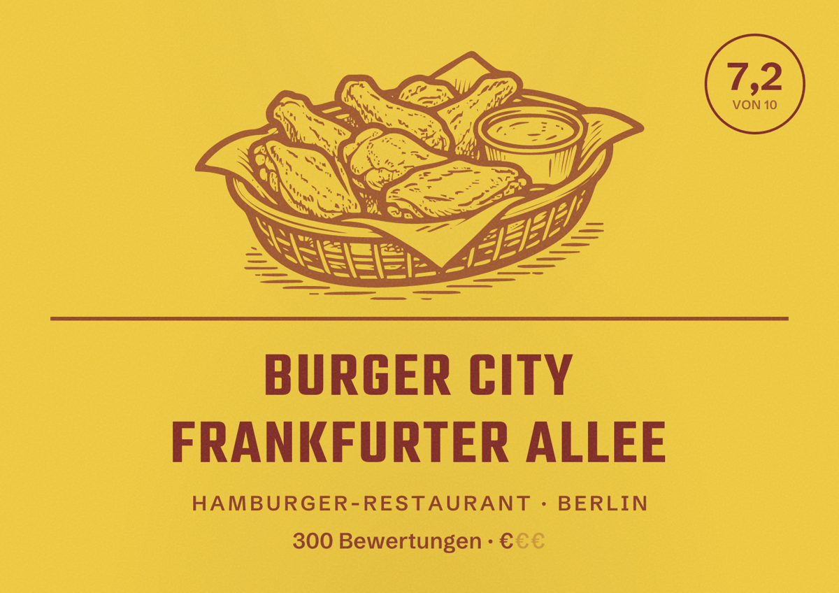 Illustriertes Poster von Burger City Frankfurter Allee, Hamburger-Restaurant in Berlin: Bewertung 7,2 von 10 aus 300 Bewertungen, Preisniveau €