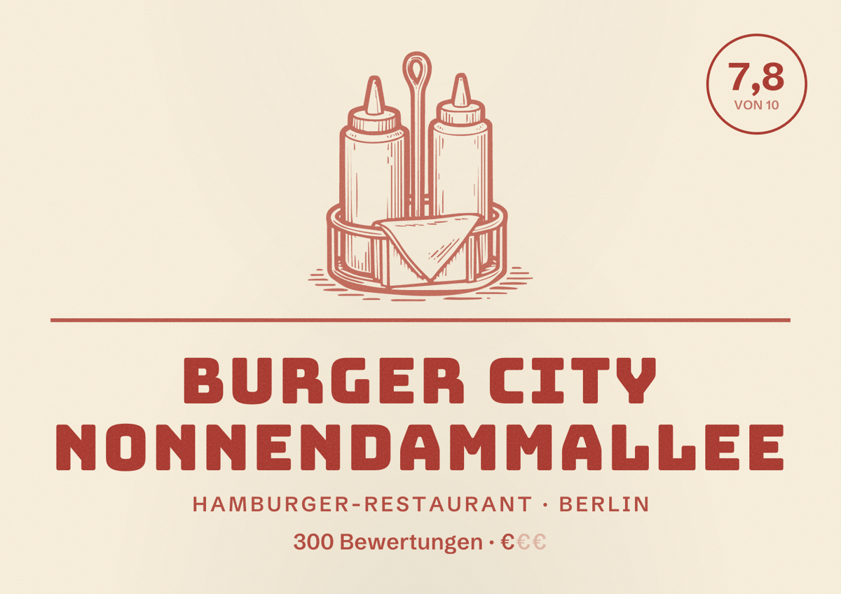 Illustriertes Poster von Burger City Nonnendammallee, Hamburger-Restaurant in Berlin: Bewertung 7,8 von 10 aus 300 Bewertungen, Preisniveau €