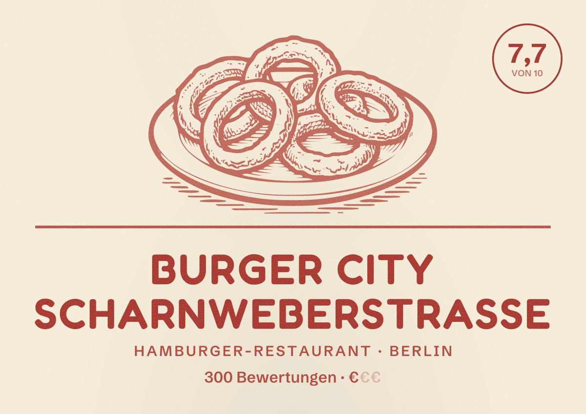 Illustriertes Poster von Burger City Scharnweberstraße, Hamburger-Restaurant in Berlin: Bewertung 7,7 von 10 aus 300 Bewertungen, Preisniveau €