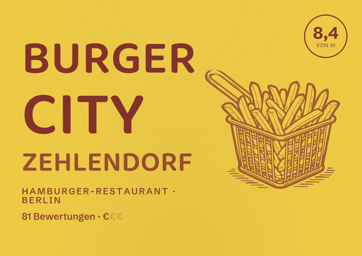 Illustriertes Poster von Burger City Zehlendorf, Hamburger-Restaurant in Berlin: Bewertung 8,4 von 10 aus 81 Bewertungen, Preisniveau €