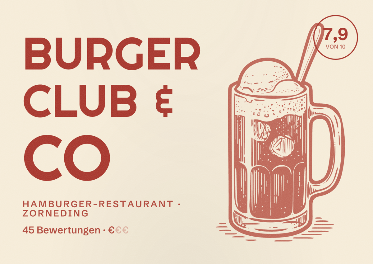 Illustriertes Poster von Burger Club & Co, Hamburger-Restaurant in Zorneding: Bewertung 7,9 von 10 aus 45 Bewertungen, Preisniveau €
