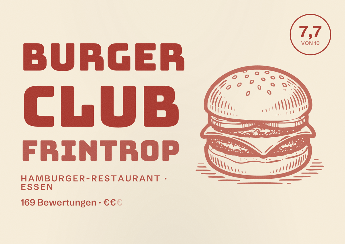 Illustriertes Poster von Burger Club Frintrop, Hamburger-Restaurant in Essen: Bewertung 7,7 von 10 aus 169 Bewertungen, Preisniveau €€