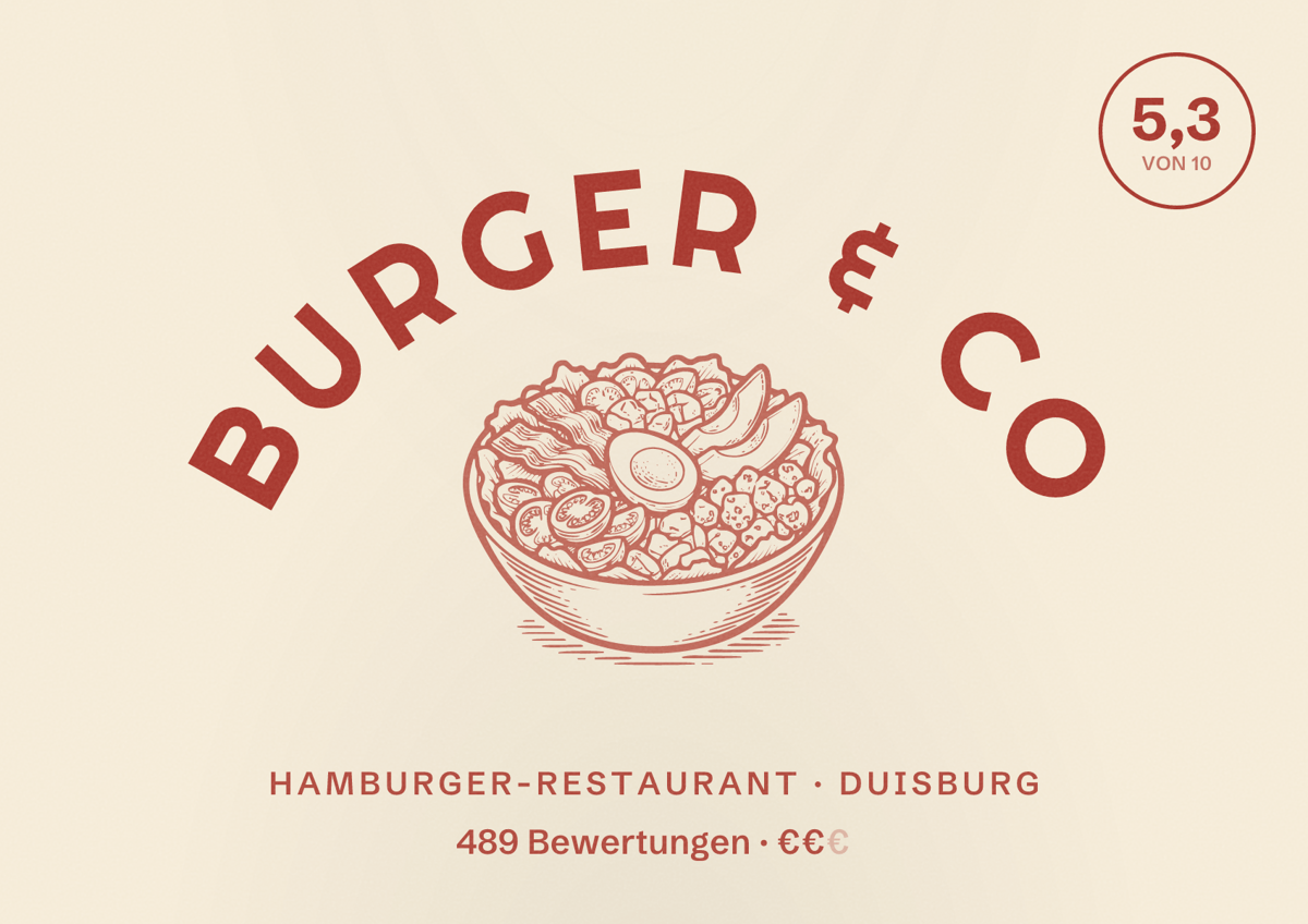 Illustriertes Poster von Burger & CO, Hamburger-Restaurant in Duisburg: Bewertung 5,3 von 10 aus 489 Bewertungen, Preisniveau €€