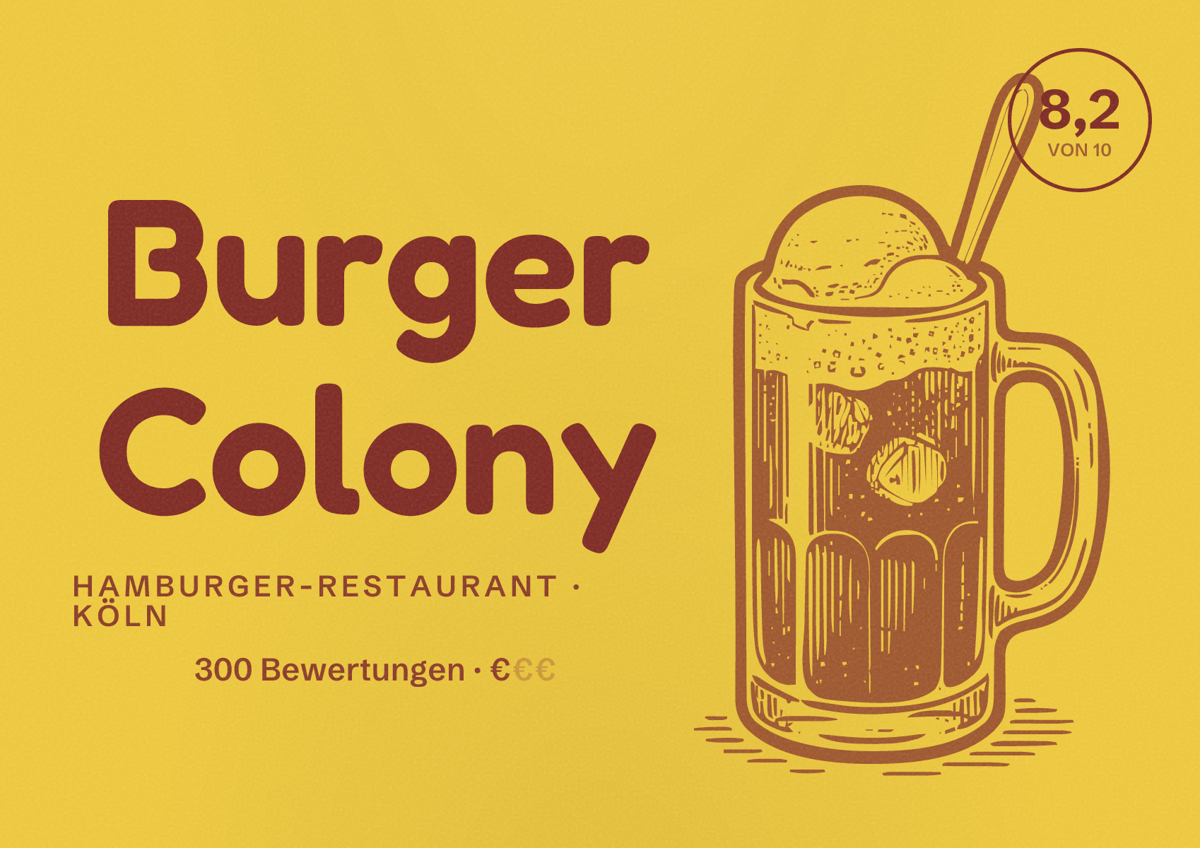 Illustriertes Poster von Burger Colony, Hamburger-Restaurant in Köln: Bewertung 8,2 von 10 aus 300 Bewertungen, Preisniveau €