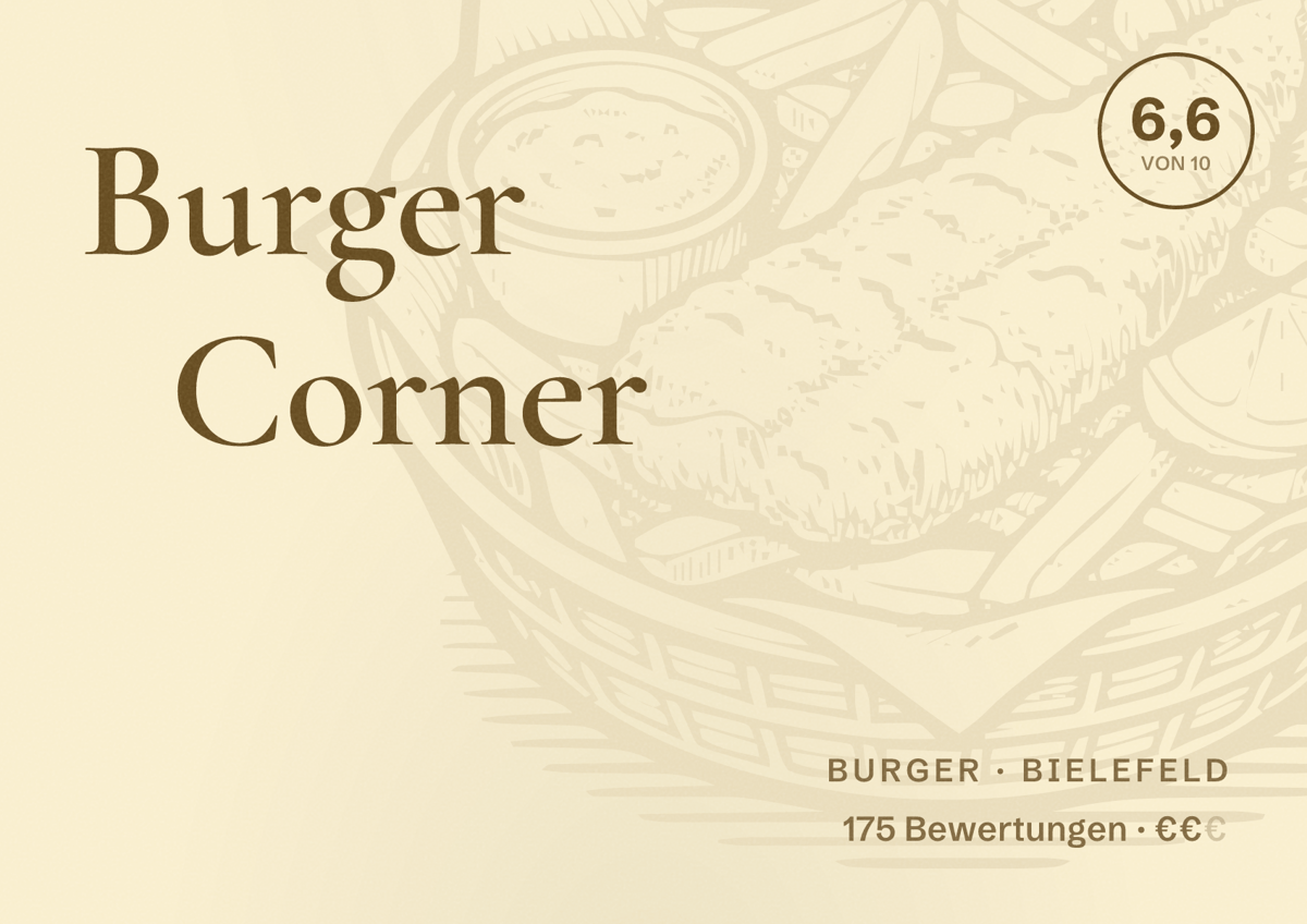Illustriertes Poster von Burger Corner, Burger in Bielefeld: Bewertung 6,6 von 10 aus 175 Bewertungen, Preisniveau €€
