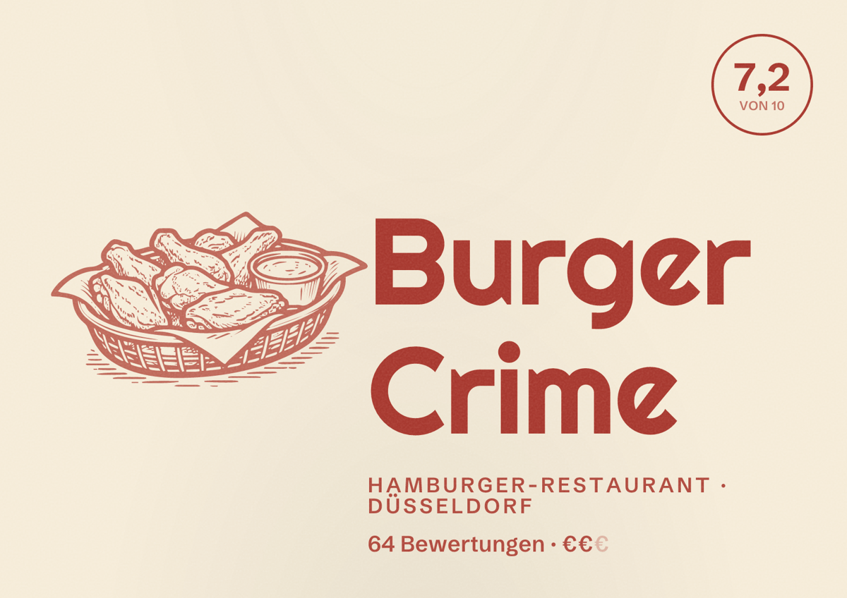 Illustriertes Poster von Burger Crime, Hamburger-Restaurant in Düsseldorf: Bewertung 7,2 von 10 aus 64 Bewertungen, Preisniveau €€
