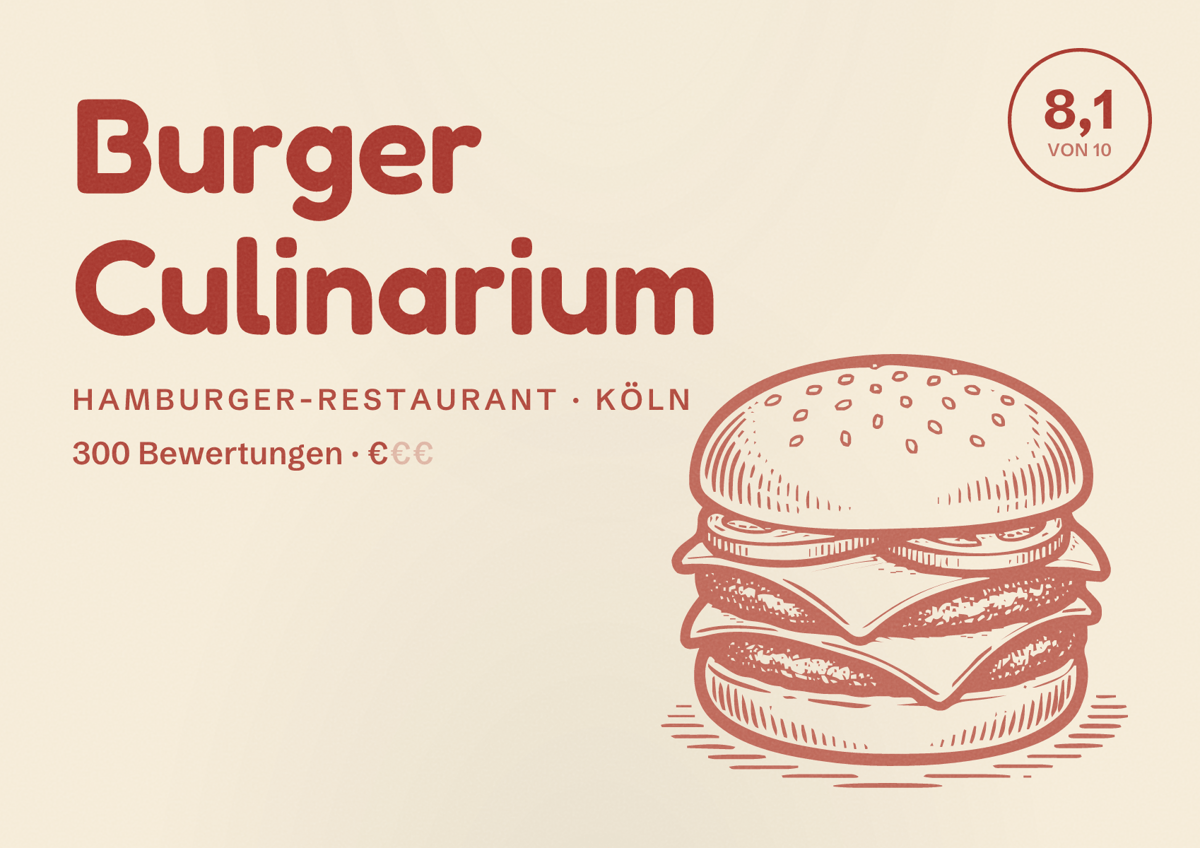 Illustriertes Poster von Burger Culinarium, Hamburger-Restaurant in Köln: Bewertung 8,1 von 10 aus 300 Bewertungen, Preisniveau €
