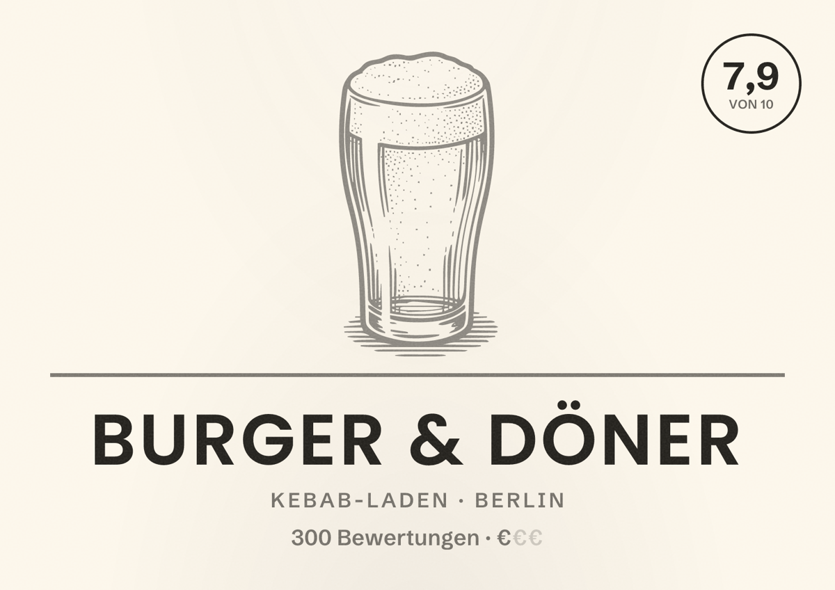 Illustriertes Poster von Burger & Döner, Kebab-Laden in Berlin: Bewertung 7,9 von 10 aus 300 Bewertungen, Preisniveau €