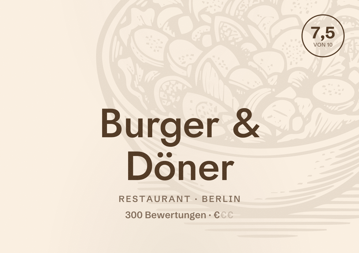 Illustriertes Poster von Burger & Döner, Restaurant in Berlin: Bewertung 7,5 von 10 aus 300 Bewertungen, Preisniveau €