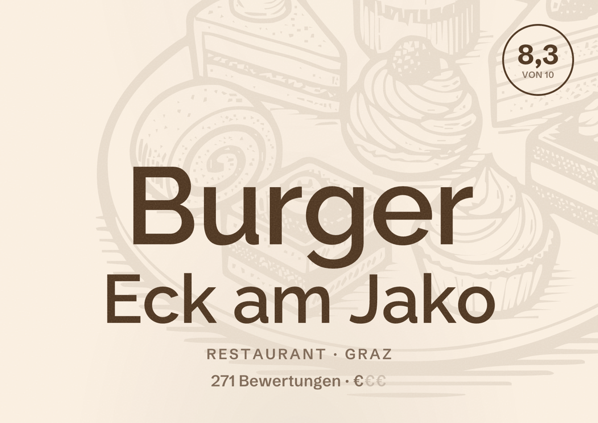 Illustriertes Poster von Burger Eck am Jako, Restaurant in Graz: Bewertung 8,3 von 10 aus 271 Bewertungen, Preisniveau €